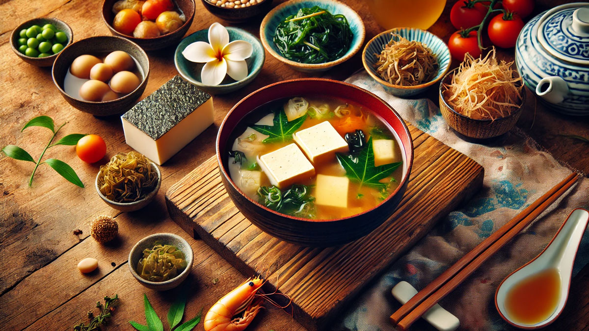 味噌汁と新鮮な具材を使った、健康的で温かみのある食卓