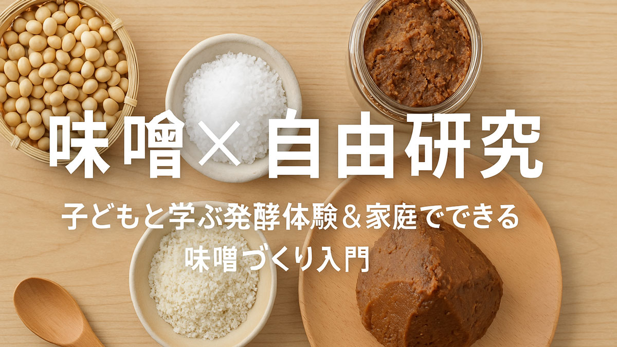 木のテーブルの上に、味噌玉、米こうじ、大豆、塩、味噌が並べられた味噌づくりの材料セットと、「味噌×自由研究 子どもと学ぶ発酵体験＆家庭でできる味噌づくり入門」の日本語テキスト入りアイキャッチ画像。