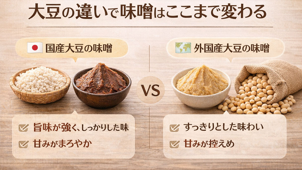 国産大豆と外国産大豆の違いによって味噌の旨味や甘みが変わることを、白味噌・赤味噌と大豆の写真でやさしく比較した図解画像