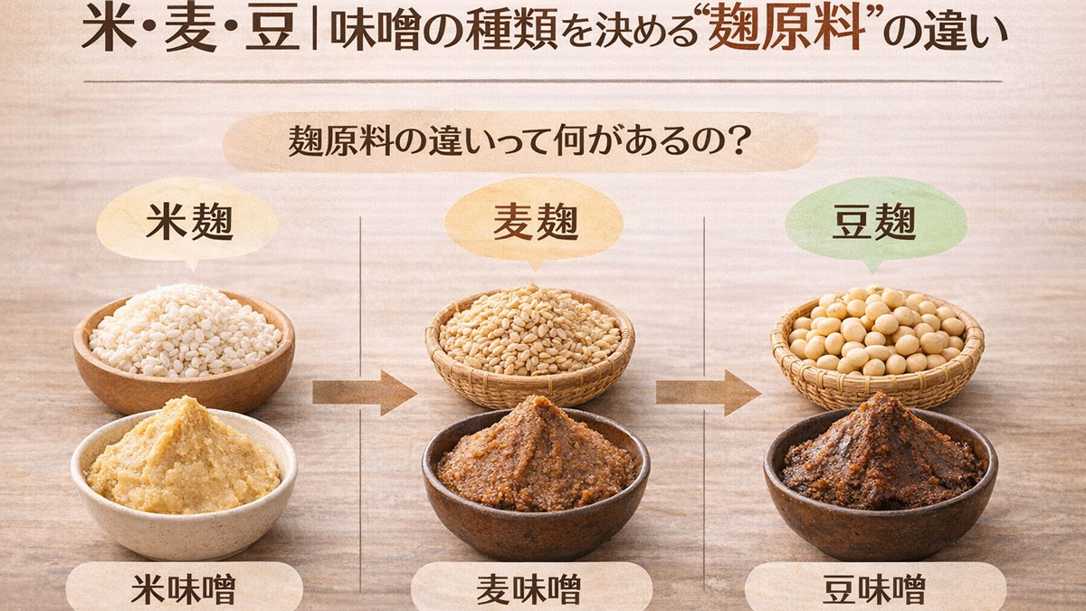 米麹・麦麹・豆麹の違いと、それぞれから作られる米味噌・麦味噌・豆味噌の特徴を、原料と味噌の写真でやさしく比較した図解画像