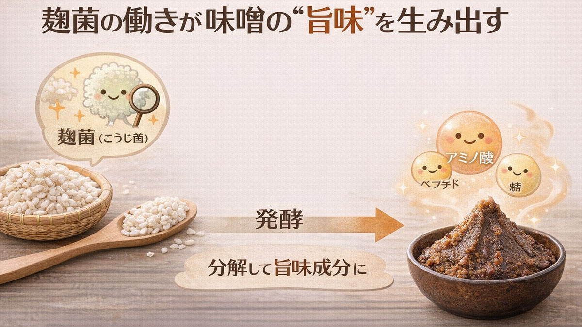 麹菌が酵素の働きで大豆や麹を分解し、アミノ酸や糖などの旨味成分を生み出して味噌のコクが深まる仕組みをやさしく示した図解画像