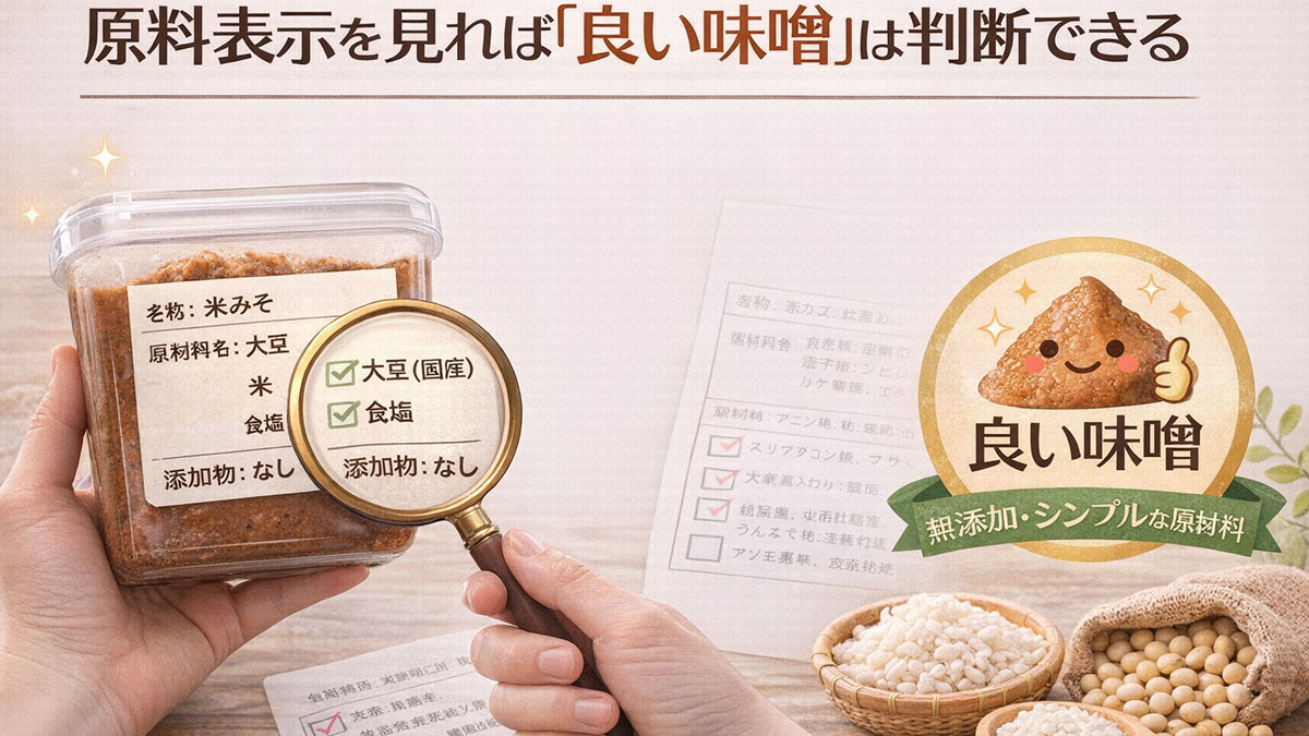 味噌の原材料表示を虫眼鏡で確認し、大豆・米・塩のみのシンプルな原料から良い味噌を見分けられることをやさしく伝える図解画像