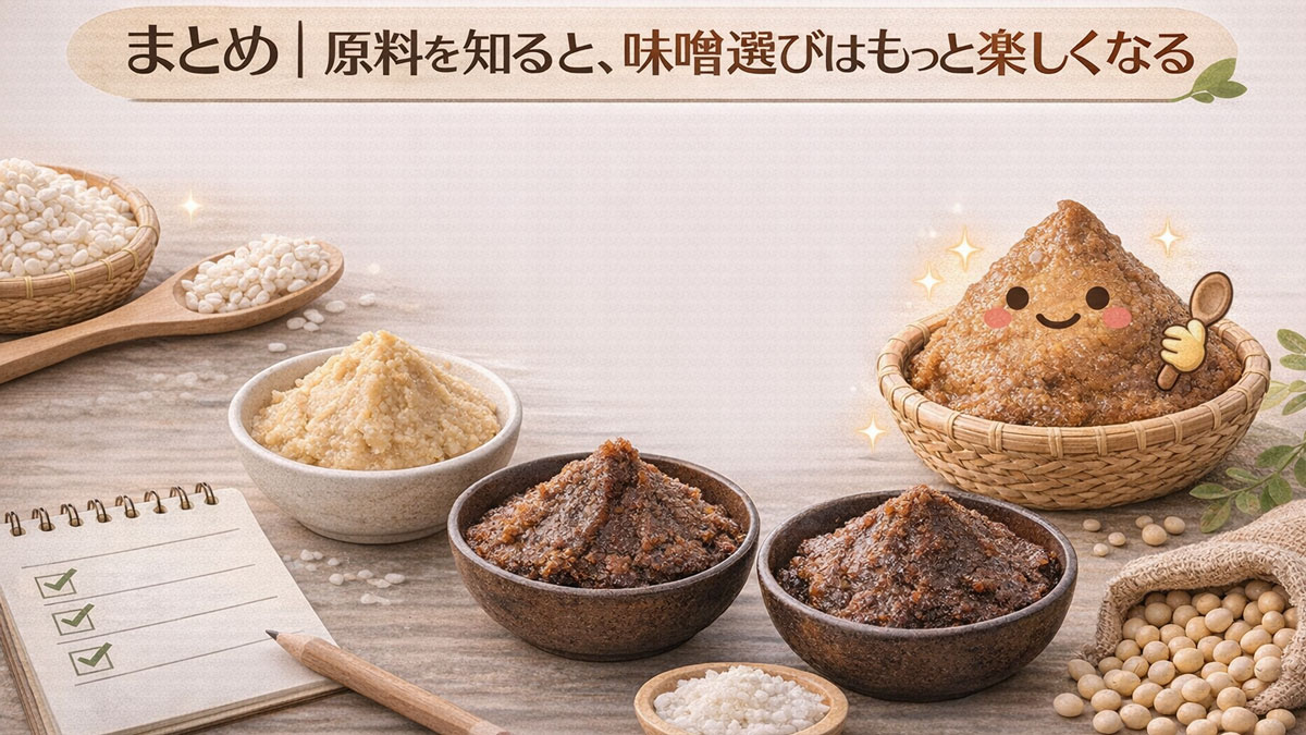 大豆・米・麹・塩と複数の味噌を並べ、原料を知ることで自分に合う味噌選びが楽しくなることを、やさしい雰囲気で伝えるまとめ用イメージ