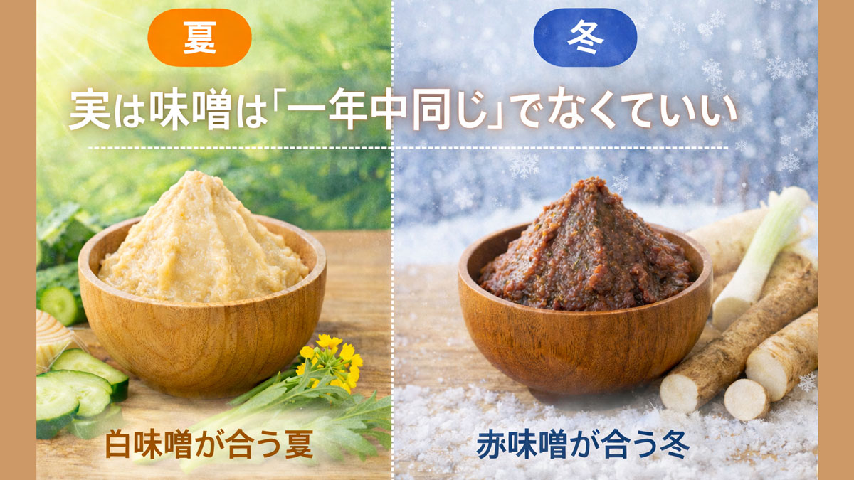 夏に合う白味噌と冬に合う赤味噌を左右に分け、味噌は一年中同じでなく季節によって使い分けることをやさしく伝える比較イメージ