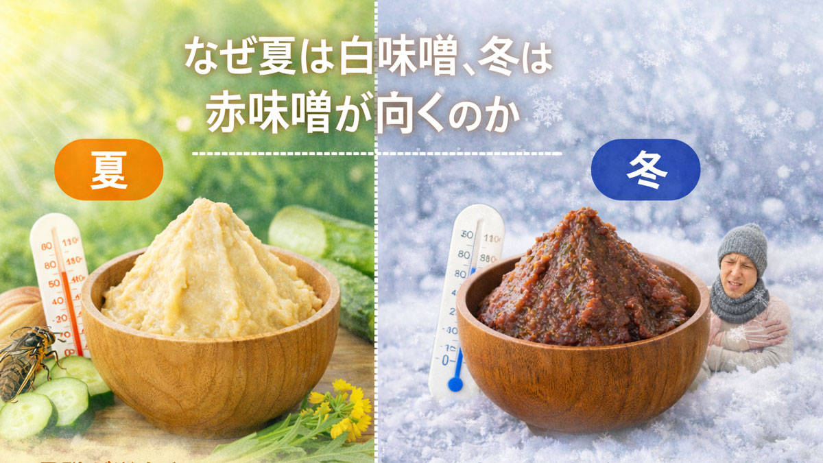 夏に向く白味噌と冬に向く赤味噌を左右に分け、気温や体の状態の違いによって適した味噌が変わる理由をやさしく解説した比較イメージ