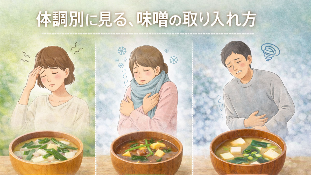 体調別に適した味噌汁を示し、疲れ・冷え・胃腸の不調に合わせて味噌の取り入れ方をやさしく伝えるイラスト画像