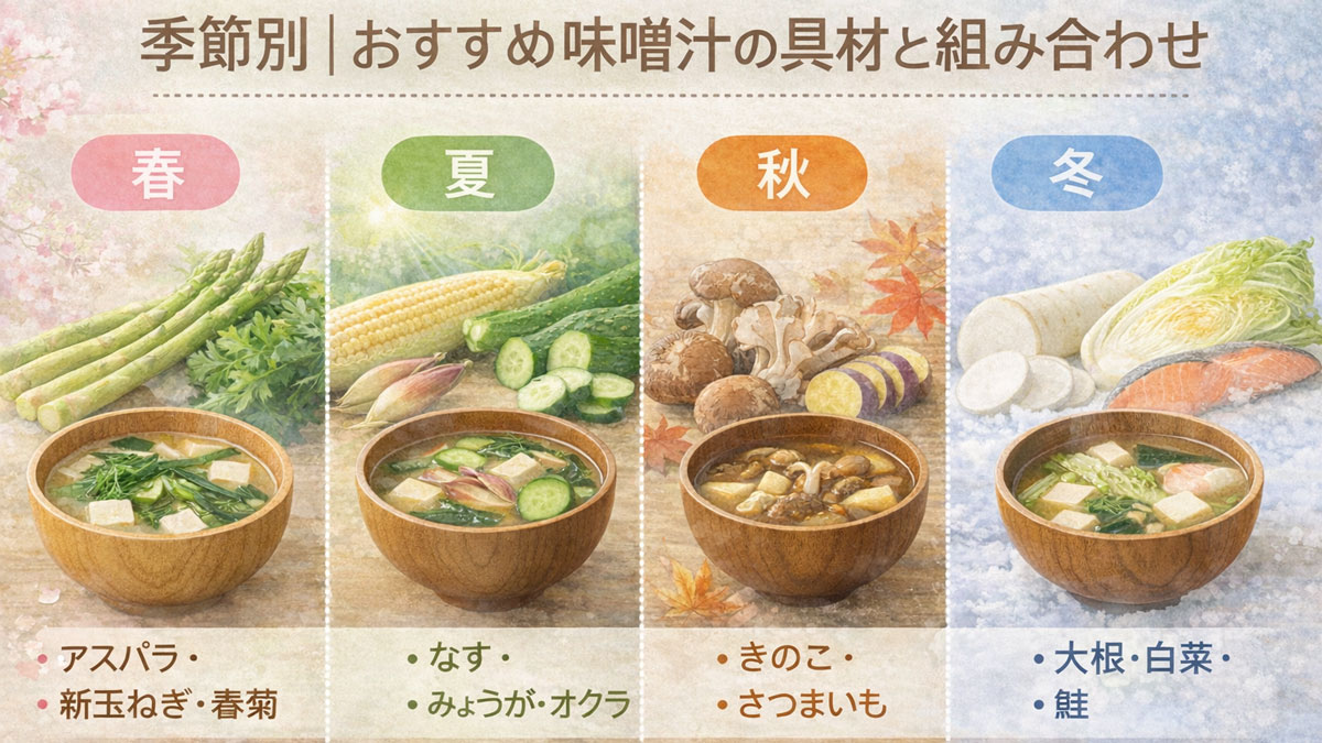春夏秋冬ごとに旬の野菜を使った味噌汁を並べ、季節別におすすめの味噌汁の具材と組み合わせをやさしい雰囲気で紹介する図解イメージ