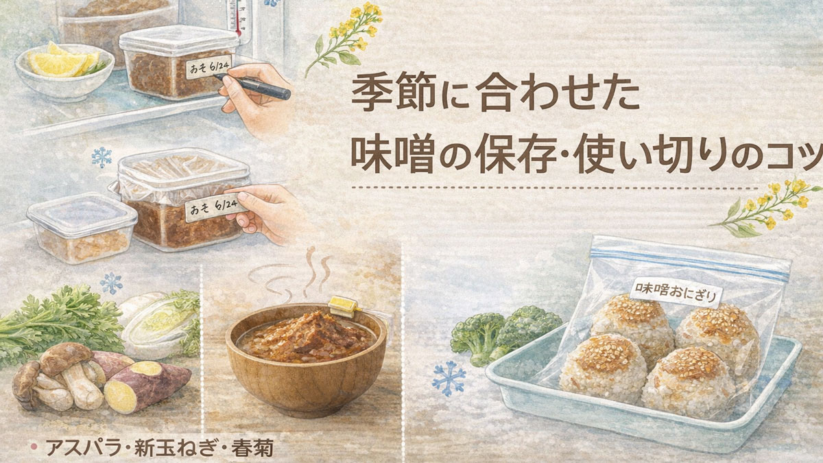 季節に合わせた味噌の保存方法と使い切りの工夫を、冷蔵・冷凍保存や熟成のイメージとともにやさしく解説した図解画像