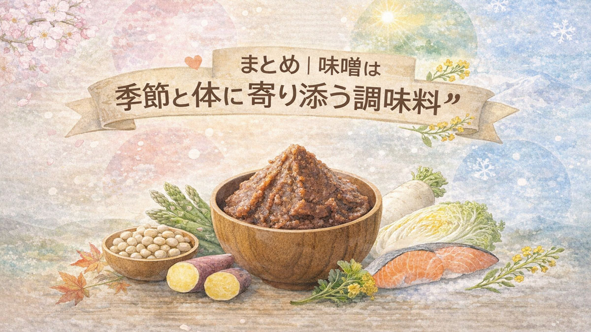 季節のモチーフと味噌、旬の食材を描き、味噌が季節や体調に寄り添う調味料であることをやさしい雰囲気で伝えるまとめ用イメージ